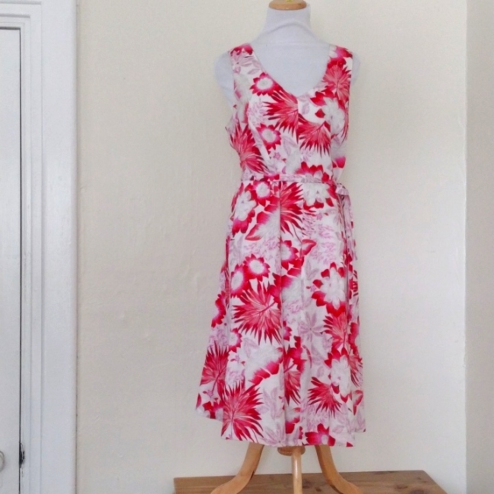 Lands' End Red & White Floral 100% Linen Fit & Flare Sundress Size 8